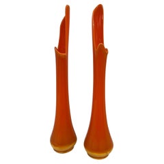 Mid Century Modern Pair of Orange Swung Art Slag Glass Vases Vessels