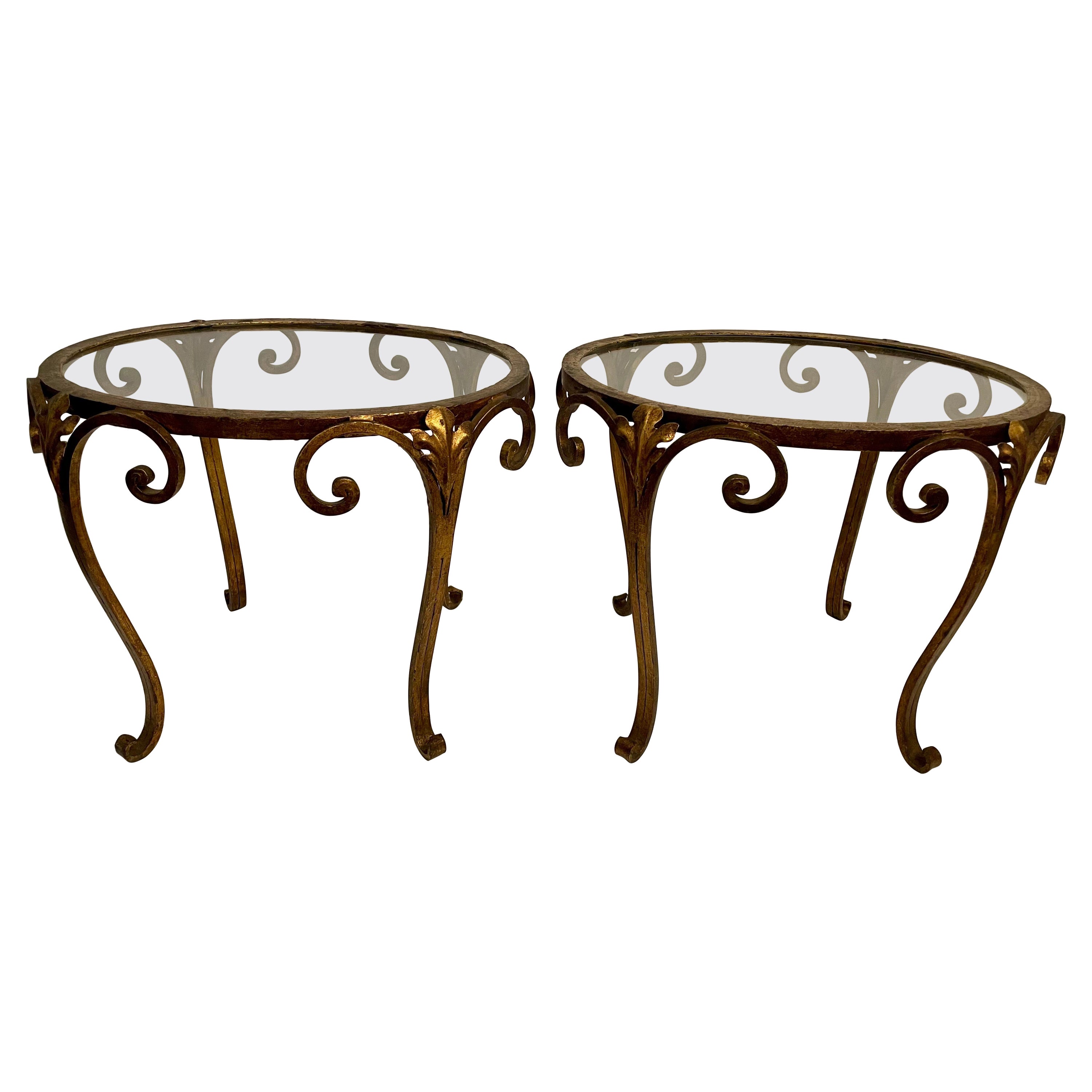Pair French Gilt Wrought Iron and Glass Side Tables