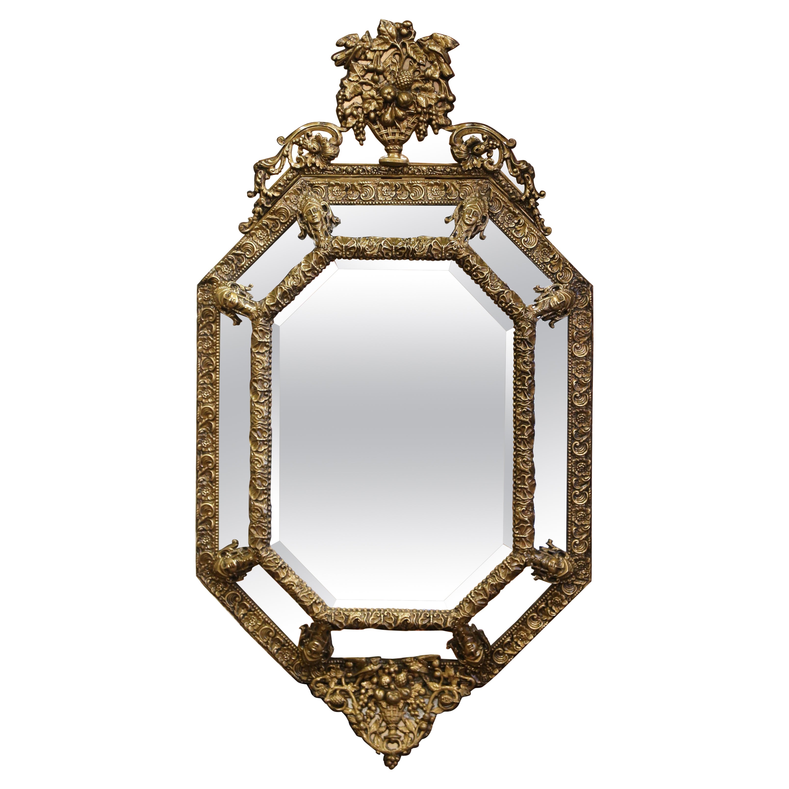 19th Century French Napoleon III Octagonal Repousse Brass Beveled Overlay Mirror For Sale