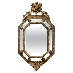 19th Century French Napoleon III Octagonal Repousse Brass Beveled Overlay Mirror