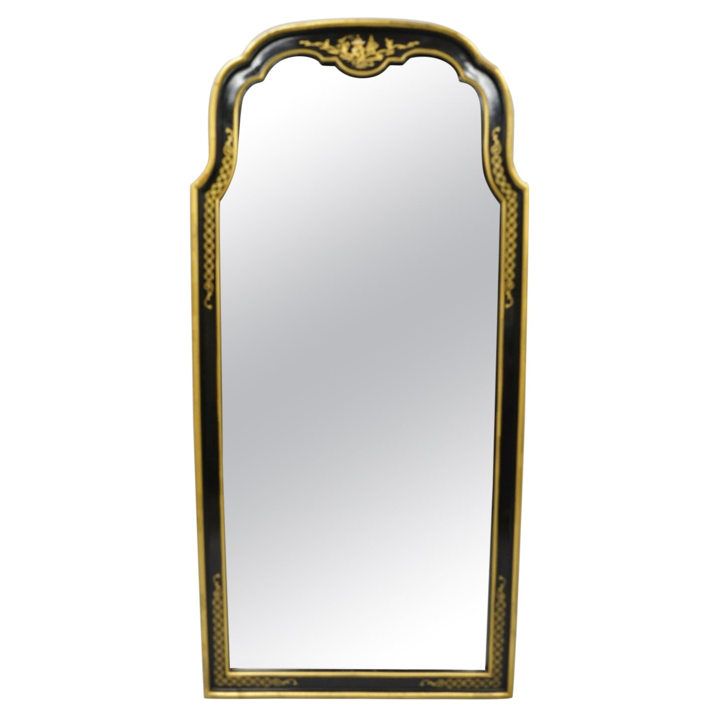 Vintage Chinoiserie Drexel Et Cetera Style Black Gold Arch Wall Mirror For Sale