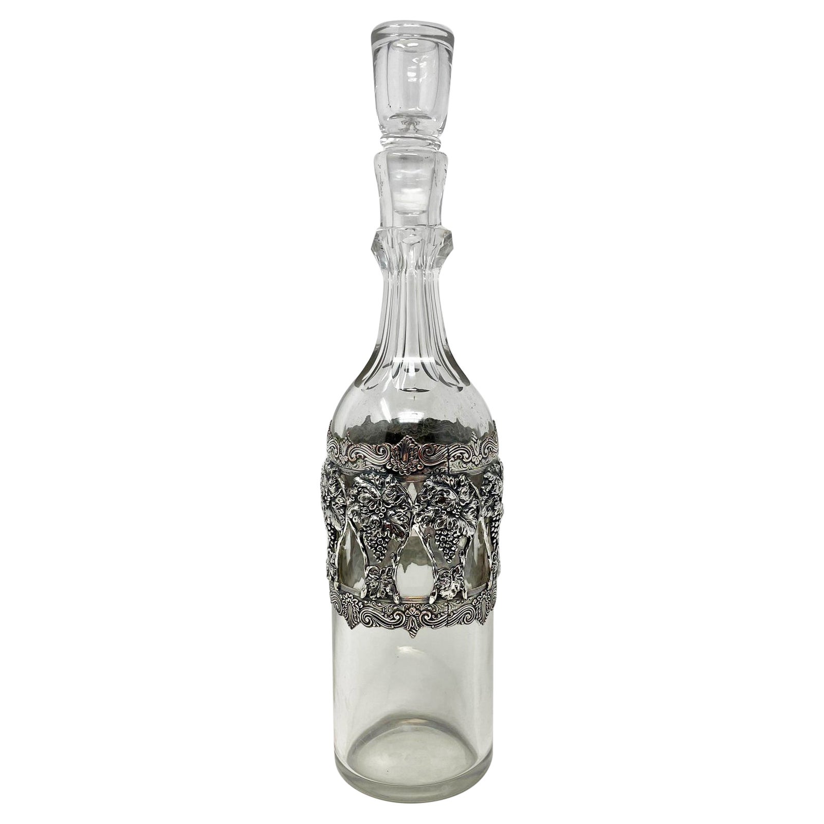 Antique American Cut Crystal Wine Decanter W/ Sterling Silver Overlay Circa 1900