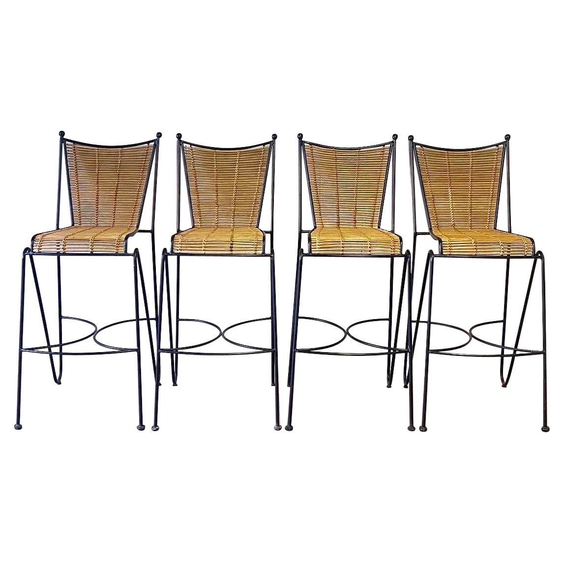 Beautiful Vintage Mid-Century Modern Iron and Bamboo Reed Set of Four Barstools