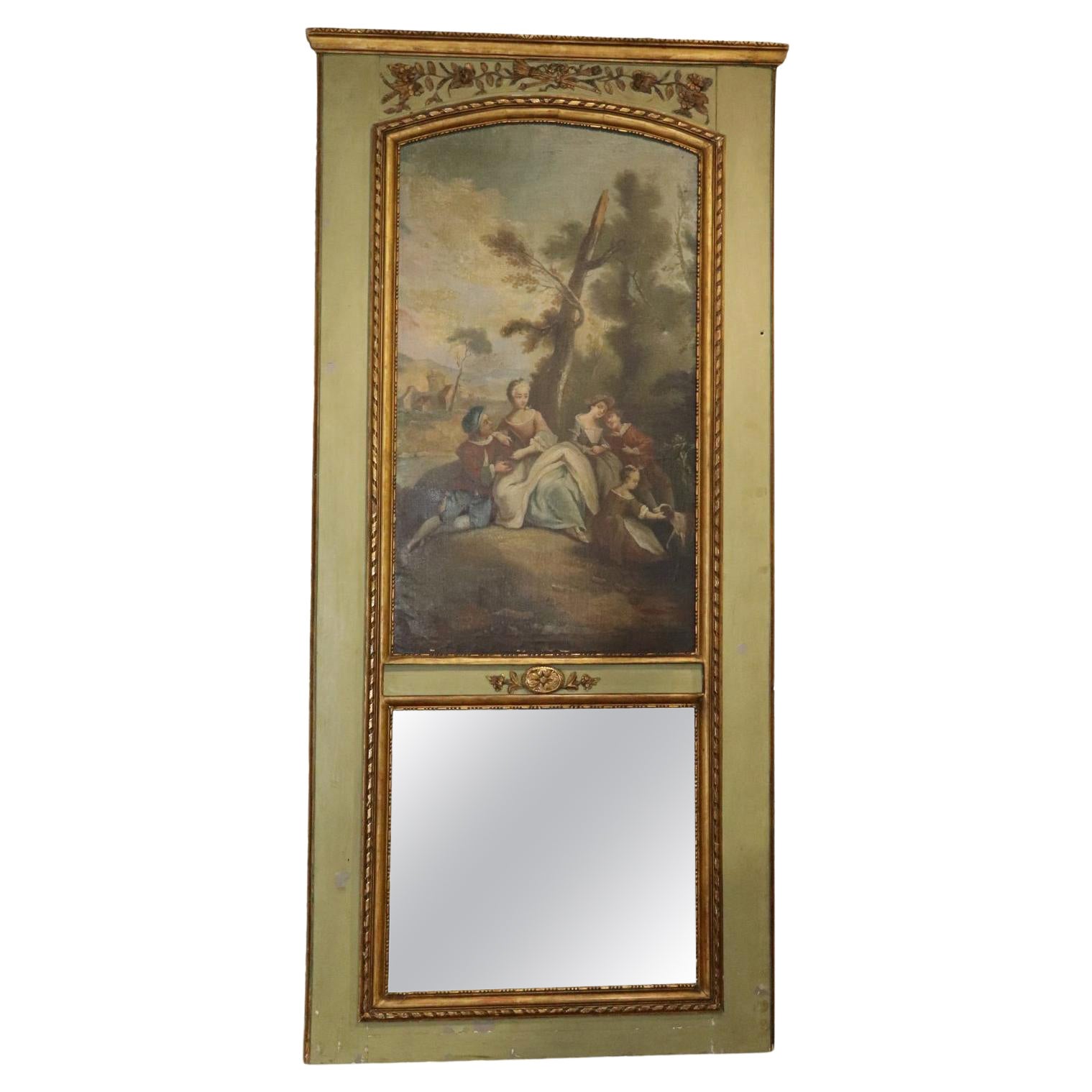 Monumental French Louis XV Oil Painted Trumeau Mirror circa 1900 For Sale