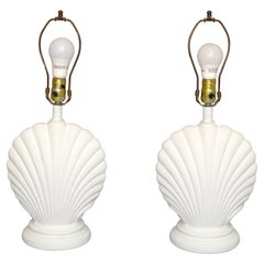 Vintage Pair Hollywood Regency Gesso Finish Nautical Seashell Shape Plaster Table Lamps