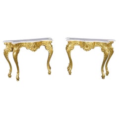 Fine Pair Bright Gold Gilded Marble Top French Louis XV Console Tables 
