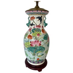 Chinese Mid 20th Century Hand Painted Porcelain Baluster Vase Lotus Flower Lamp