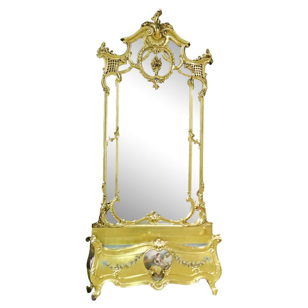 Grand miroir d'embarcadère doré Louis XV avec porte-parapluie circa 1890