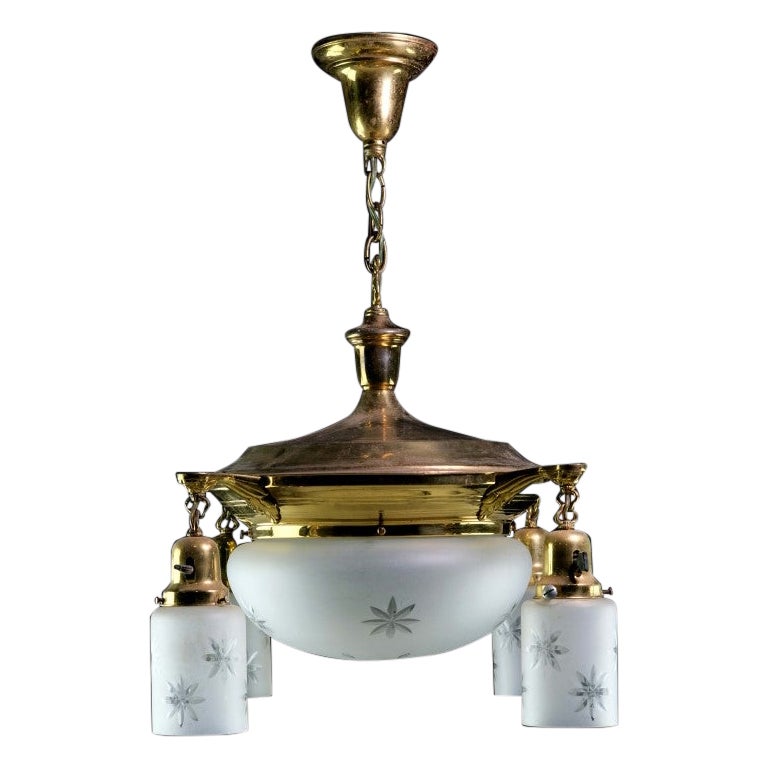 Brass Chandelier 5 Floral Star Design Pendant Light Frosted Shades  For Sale