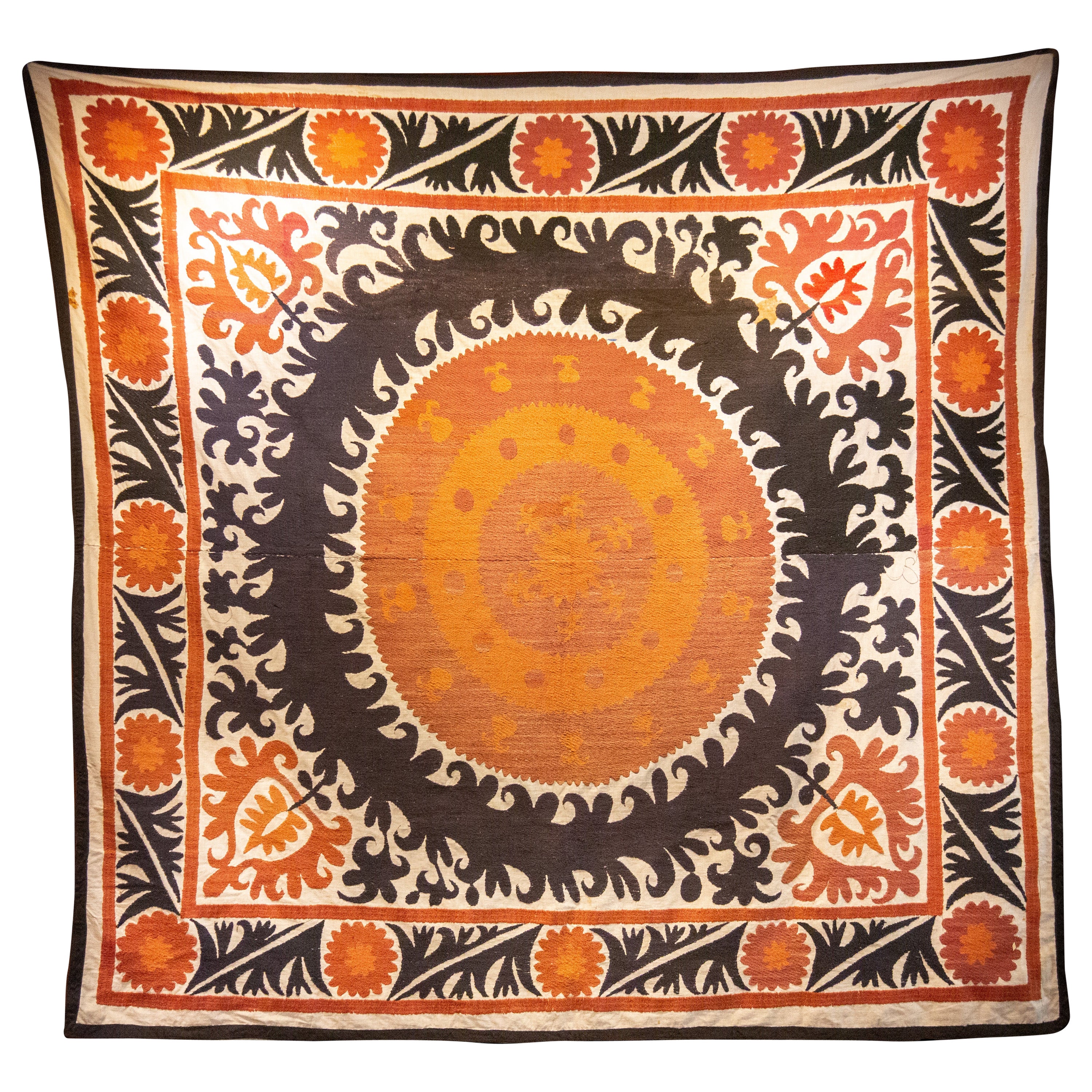 Handmade Vintage Cotton Suzani, Orange, Charcoal and Red