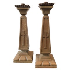 Vintage Pair of 1930s Arts & Crafts Style Wood Church Candlesticks