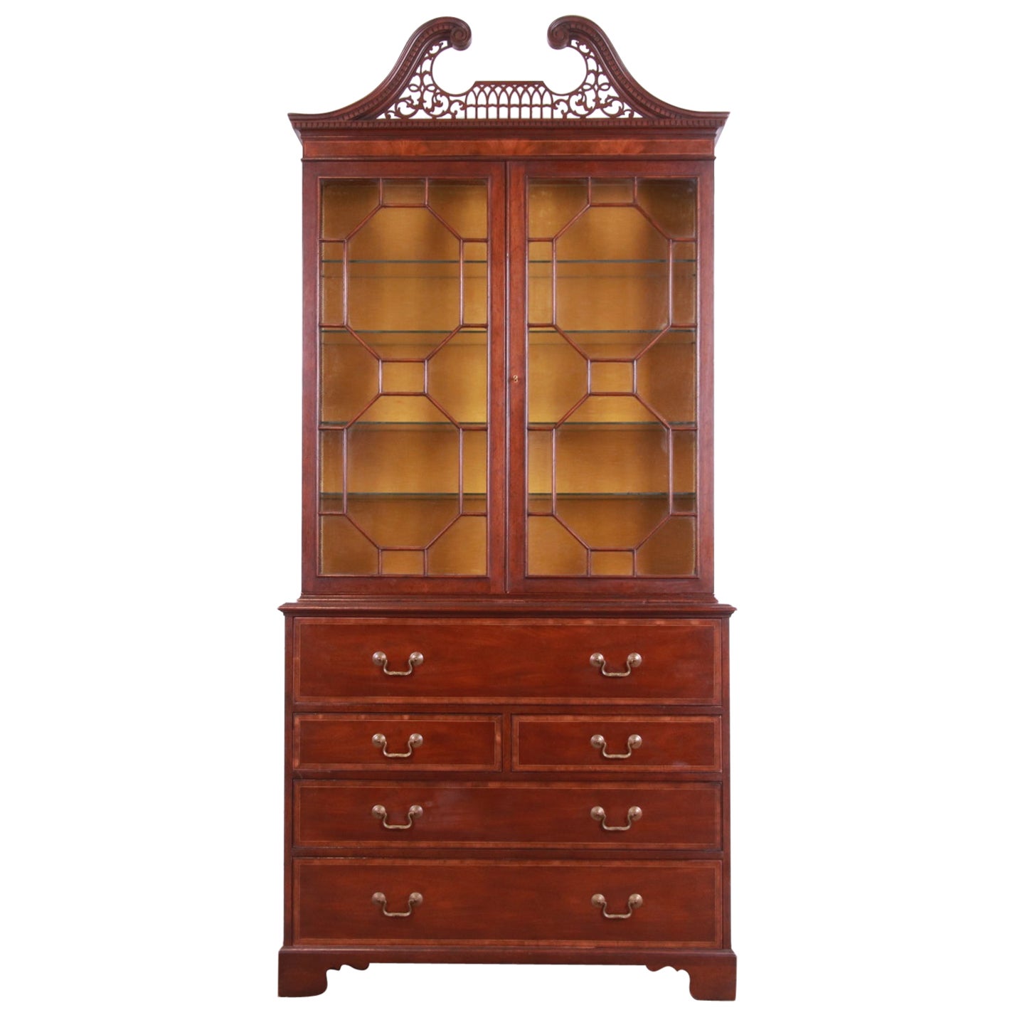 Baker Furniture Chippendale Carved Mahogany Secretary Desk with Bookcase Hutch
