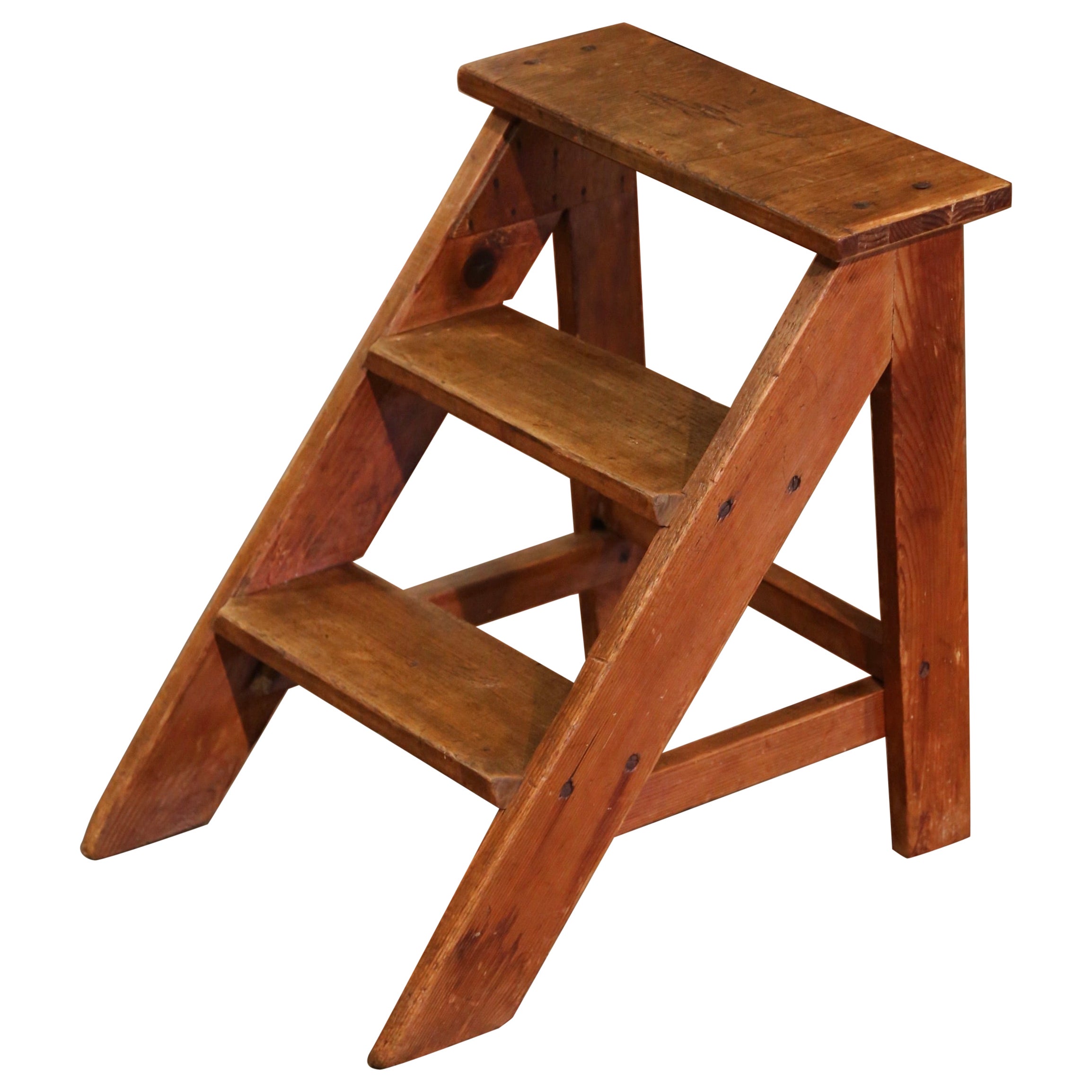 Early 20th Century French Country Carved Pine & Oak Three-Step Library Ladder