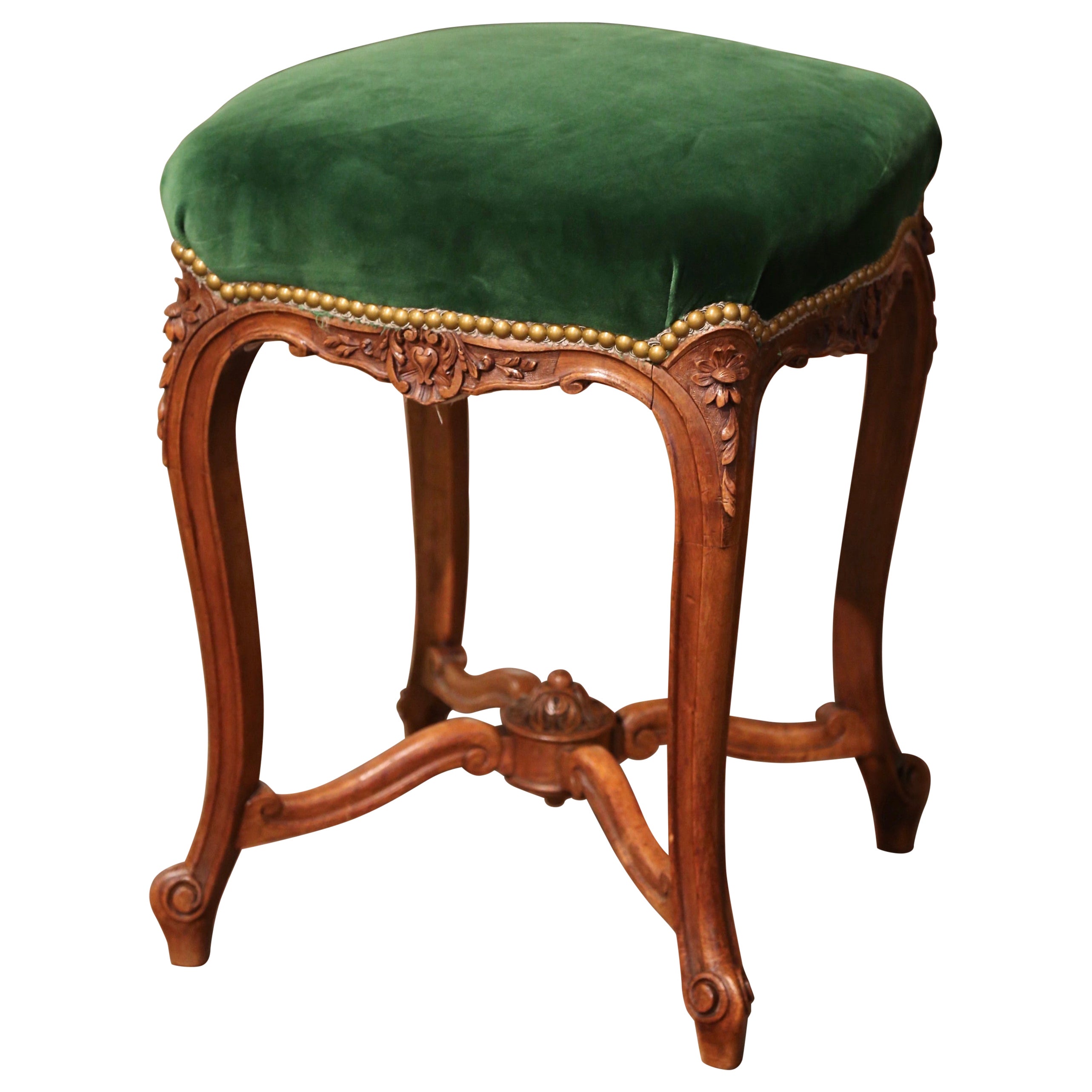 19th Century French Louis XV Carved Walnut Stool with Velvet from Provence For Sale