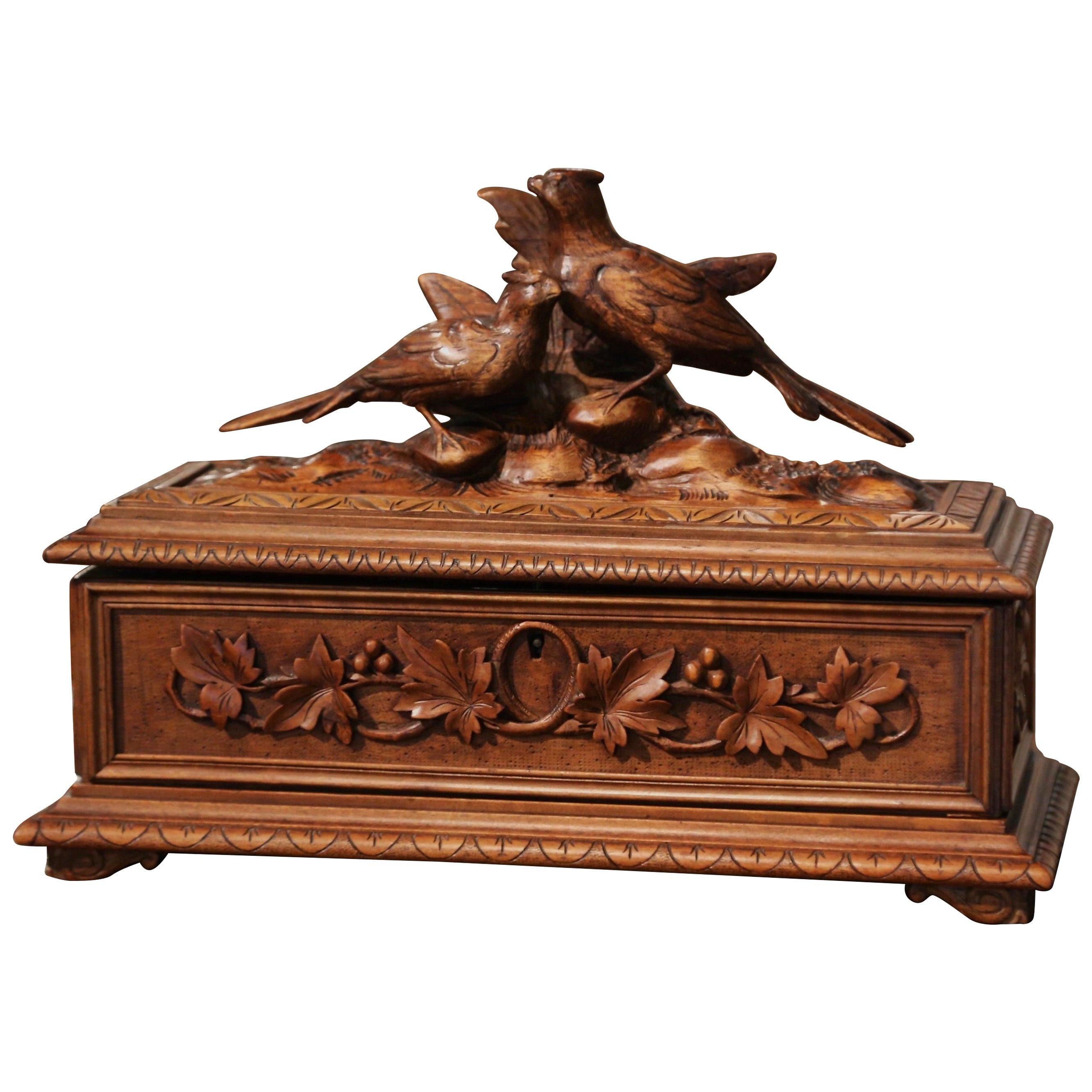 19th Century French Black Forest Carved Walnut Jewelry Box with Bird Motifs