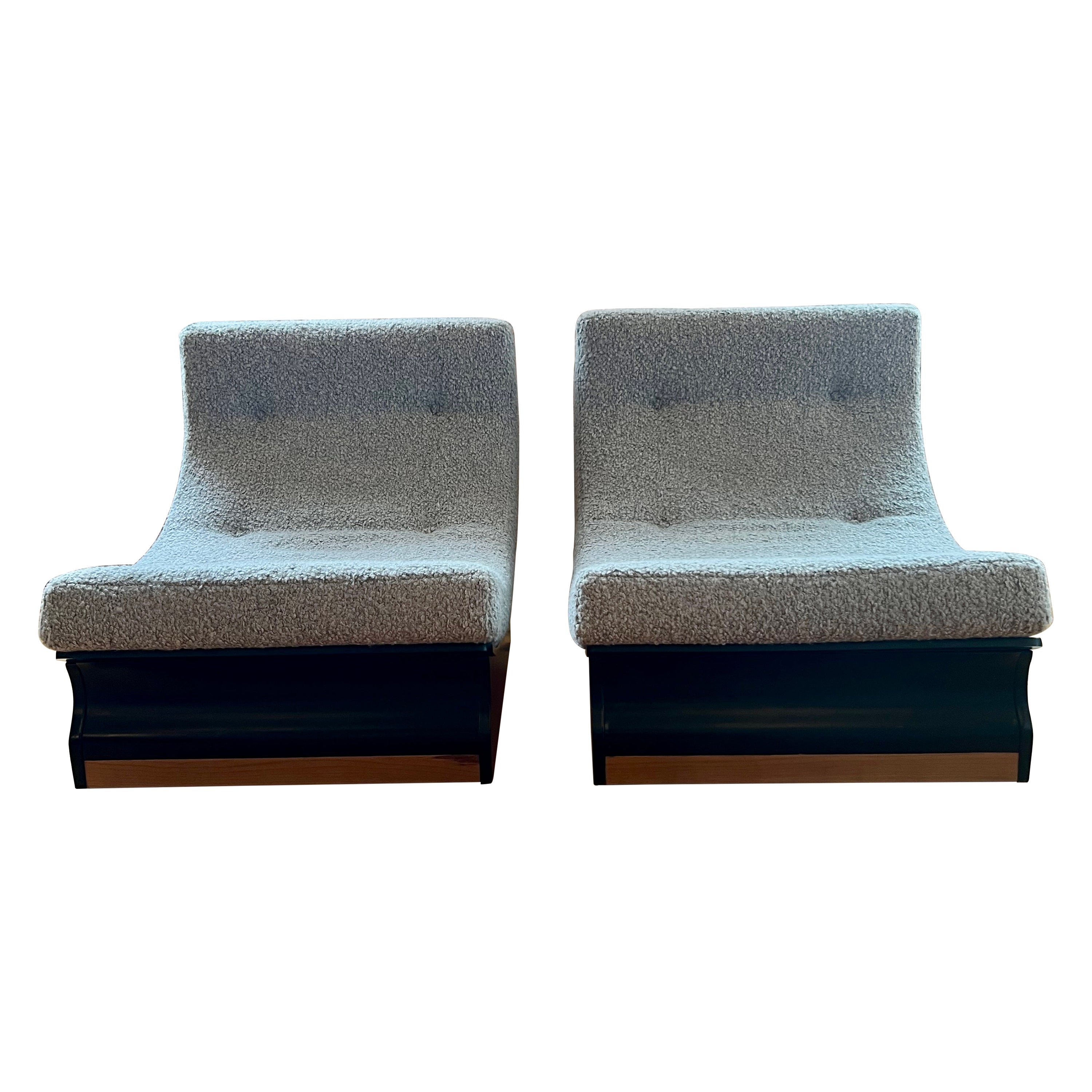 1960s Italian Low Curved Lounge Chairs in Grey Teddy/Warm Silver Wool 'Pair' For Sale