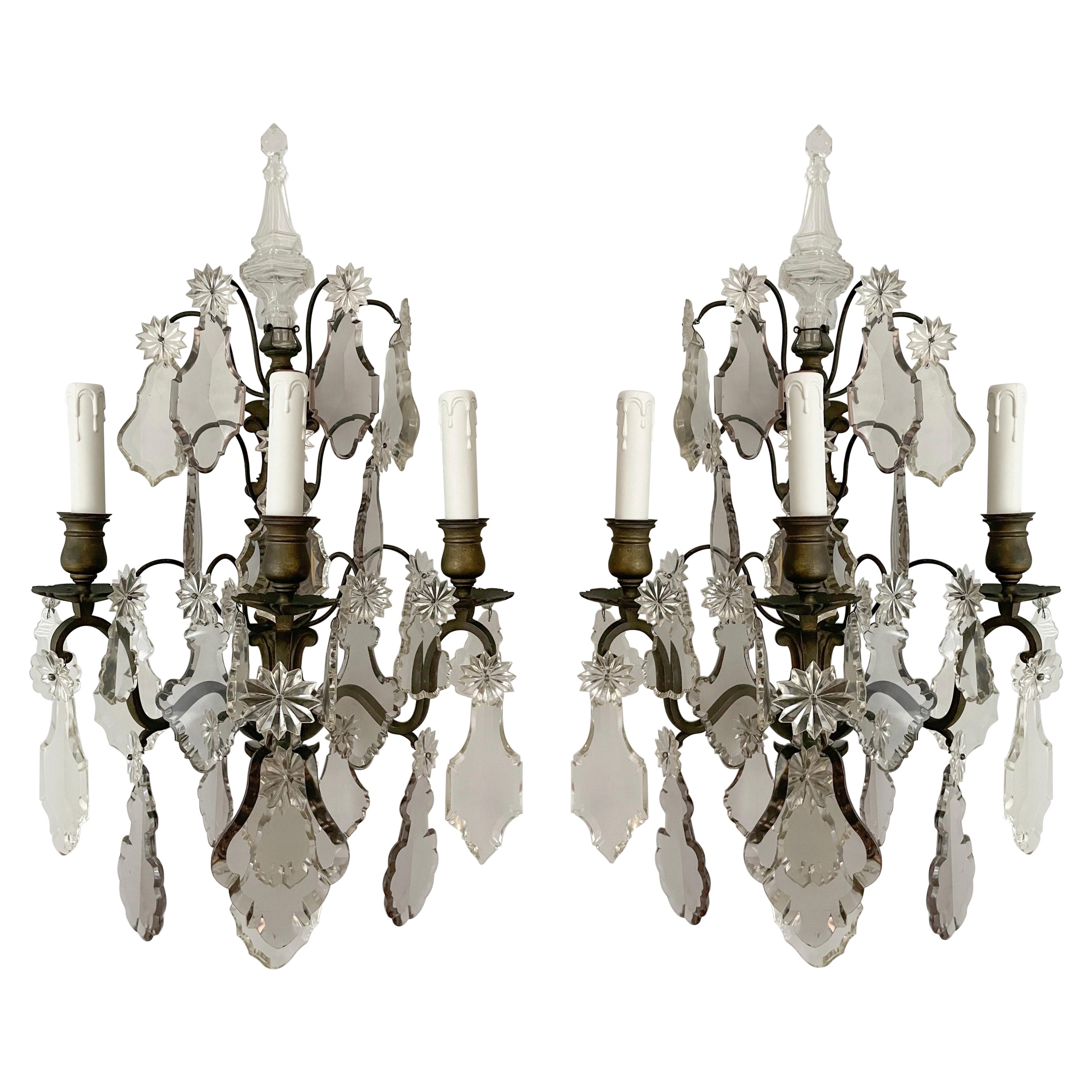French Antique Versailles-Style Crystal And Bronze Sconces