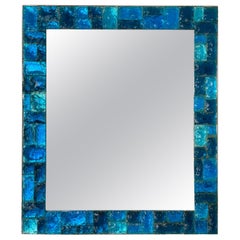 Blue Hammered Glass Mirror by Biancardi, Italy, 1970s