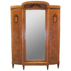 Antique Neoclassical Walnut Olive Ash Burl Knockdown Armoire Wardrobe Mirror