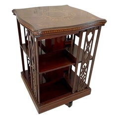 Antique Quality Marquetry Inlaid Mahogany Free Standing Revolving Bookcase
