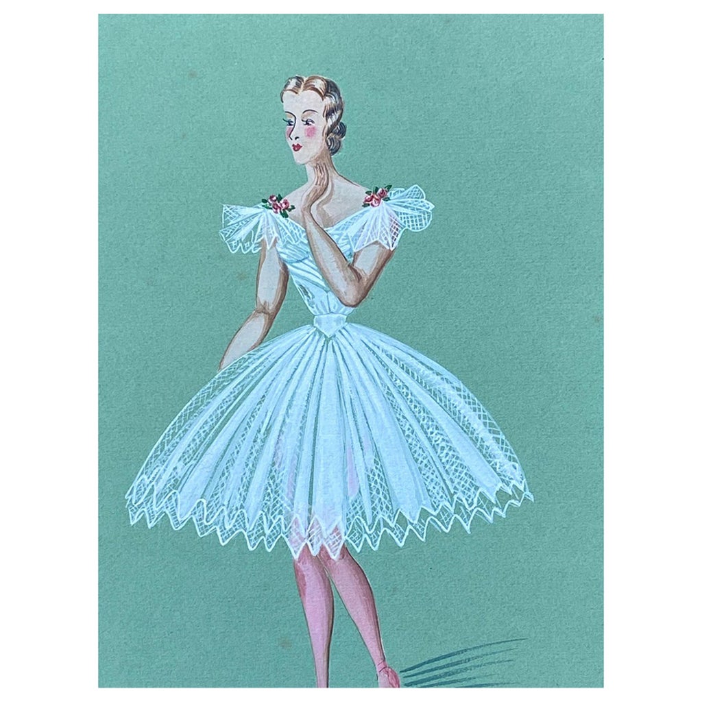 Französische Modeillustration der 1940er Jahre, atemberaubende Ballerina in weißem Kleid im Angebot