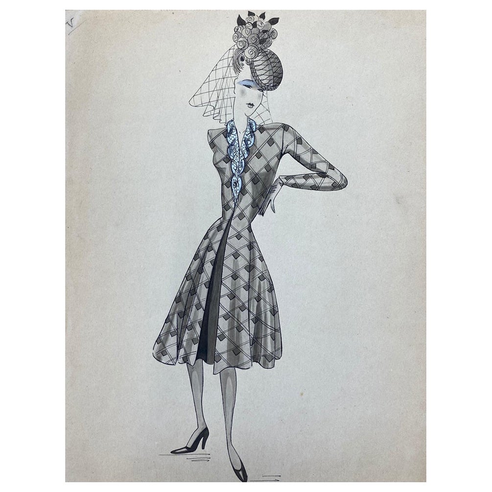 1940's French Fashion Illustration, Chic Lady In Blue Detailed Dress For Sale