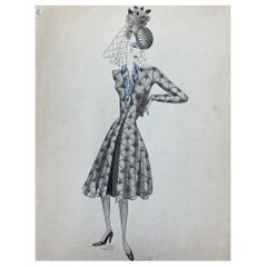 Illustrazione di moda francese degli anni '40, signora chic con abito blu dettagliato
