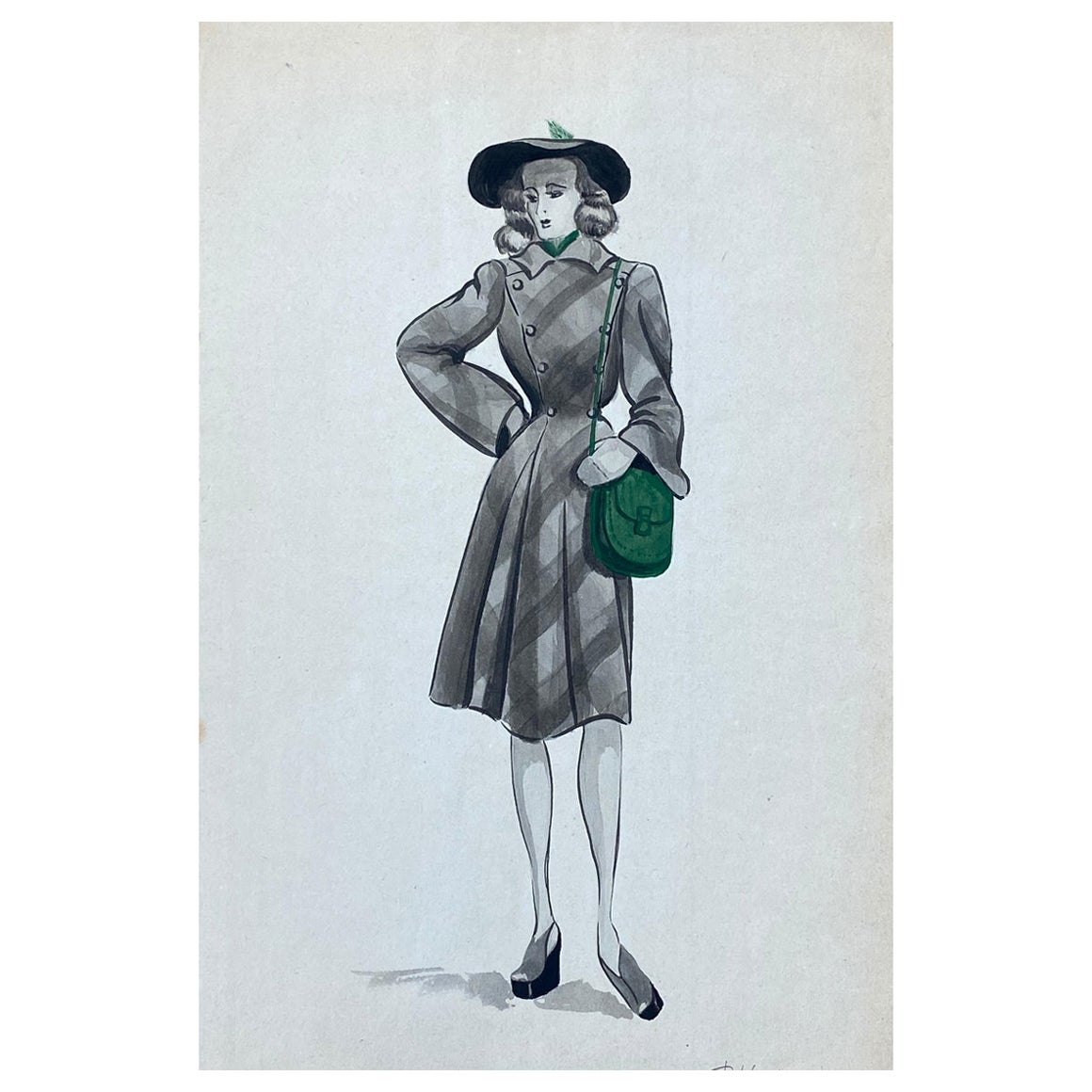 1940's French Fashion Illustration, The Stylish Lady With The Green Features For Sale