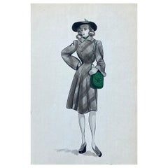 Vintage 1940's French Fashion Illustration, The Stylish Lady With The Green Features