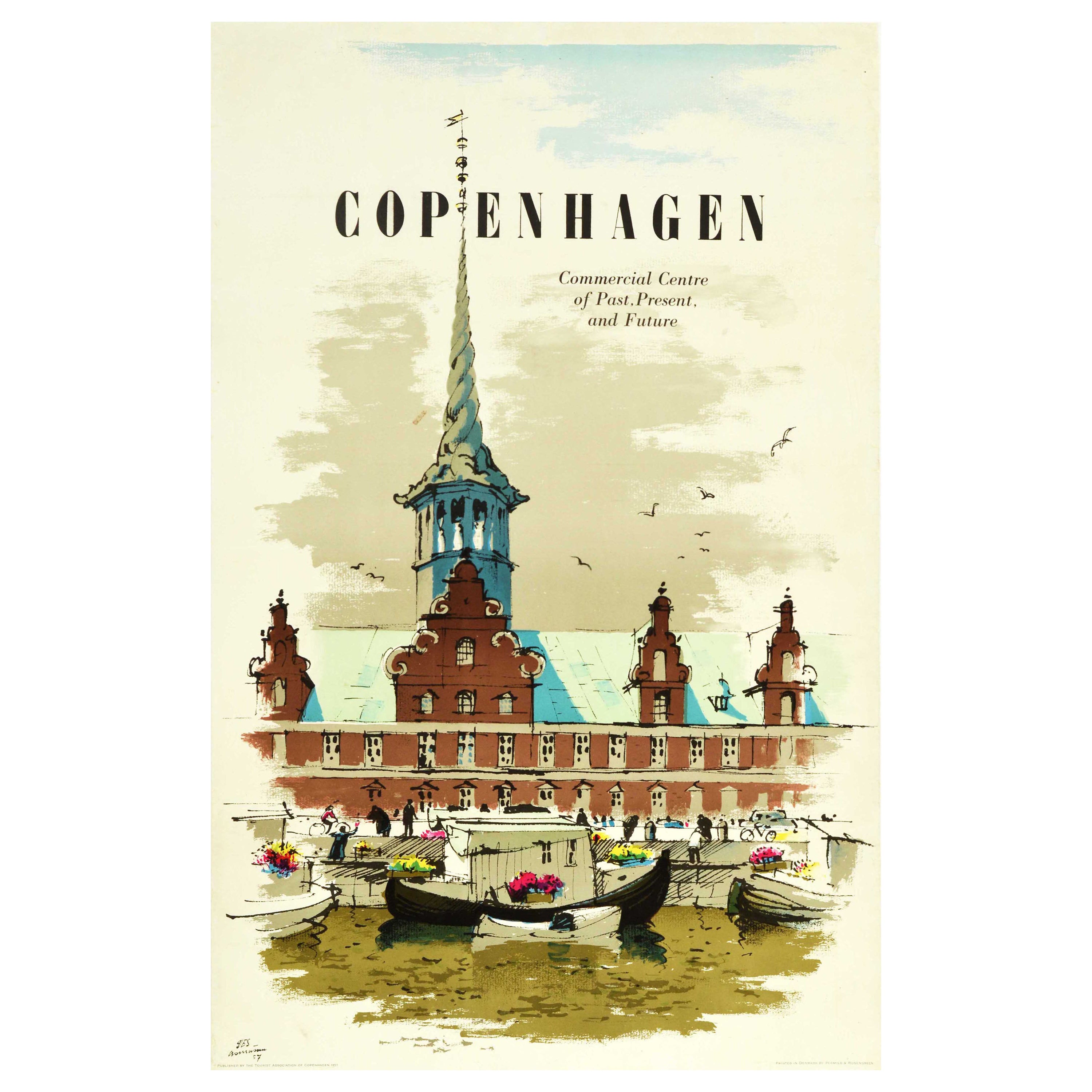 Original Vintage Travel Poster Copenhagen Commercial Centre Past Present Future For Sale