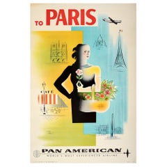 Original Retro Pan American Poster To Paris France Pan Am Airline Travel Art
