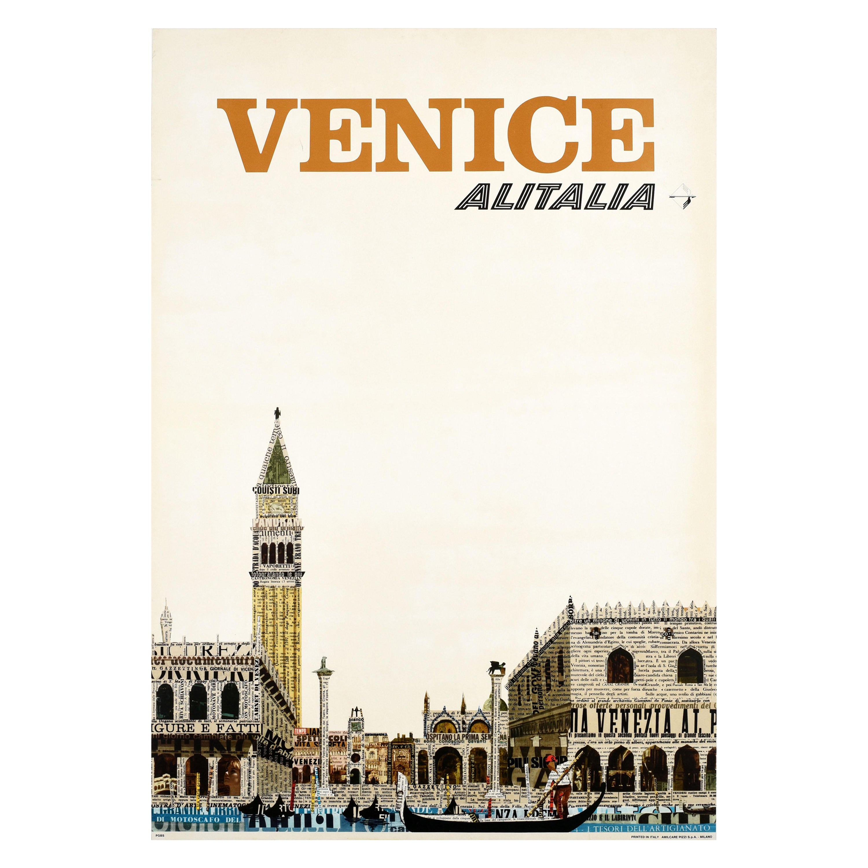 Original Vintage Italy Travel Poster Venice Alitalia St Mark's Square Gondola