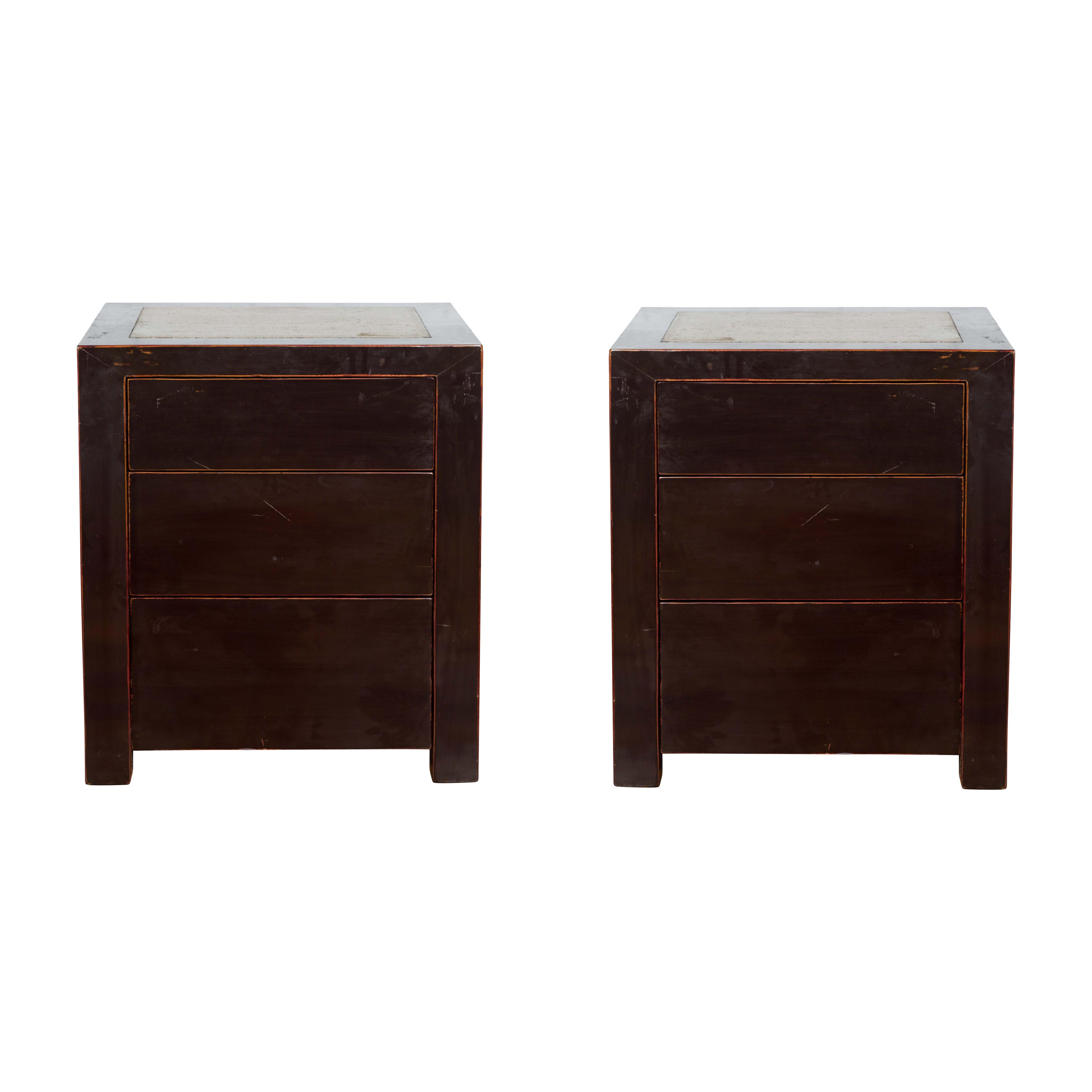 Pair of Black Lacquer Nightstands Tables with Antique Stone Inset Tops