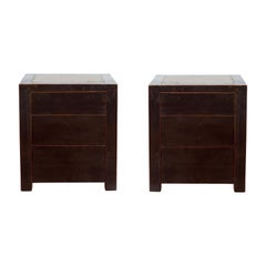 Pair of Black Lacquer Nightstands Tables with Antique Stone Inset Tops