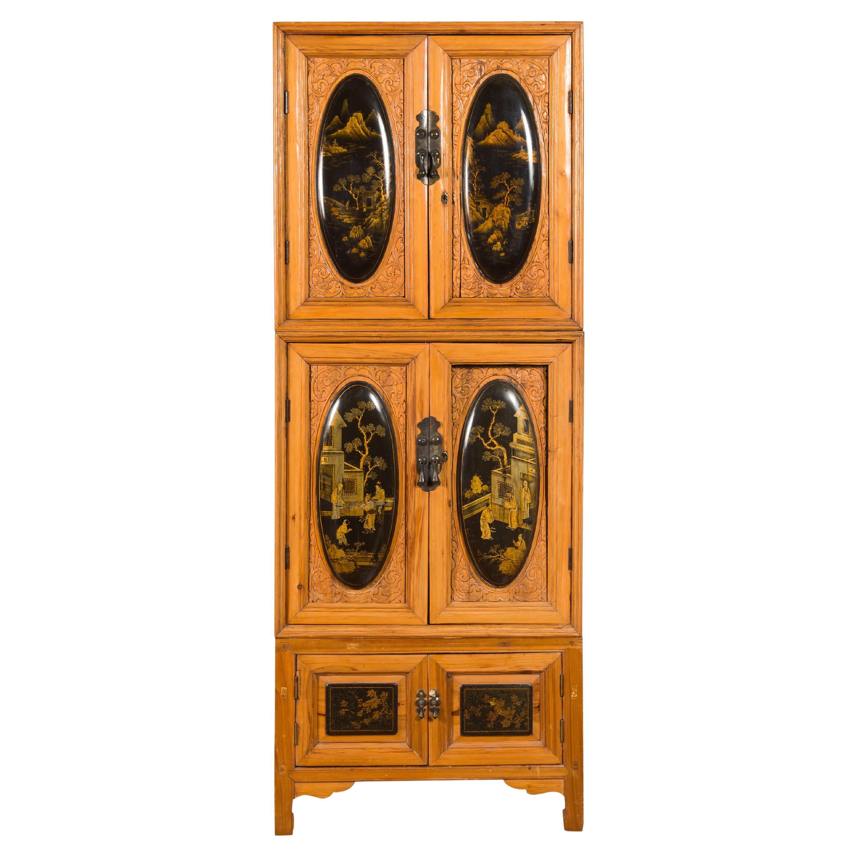 Tall Cabinet with Lacquered Chinoiserie Panels and Interior Drawers