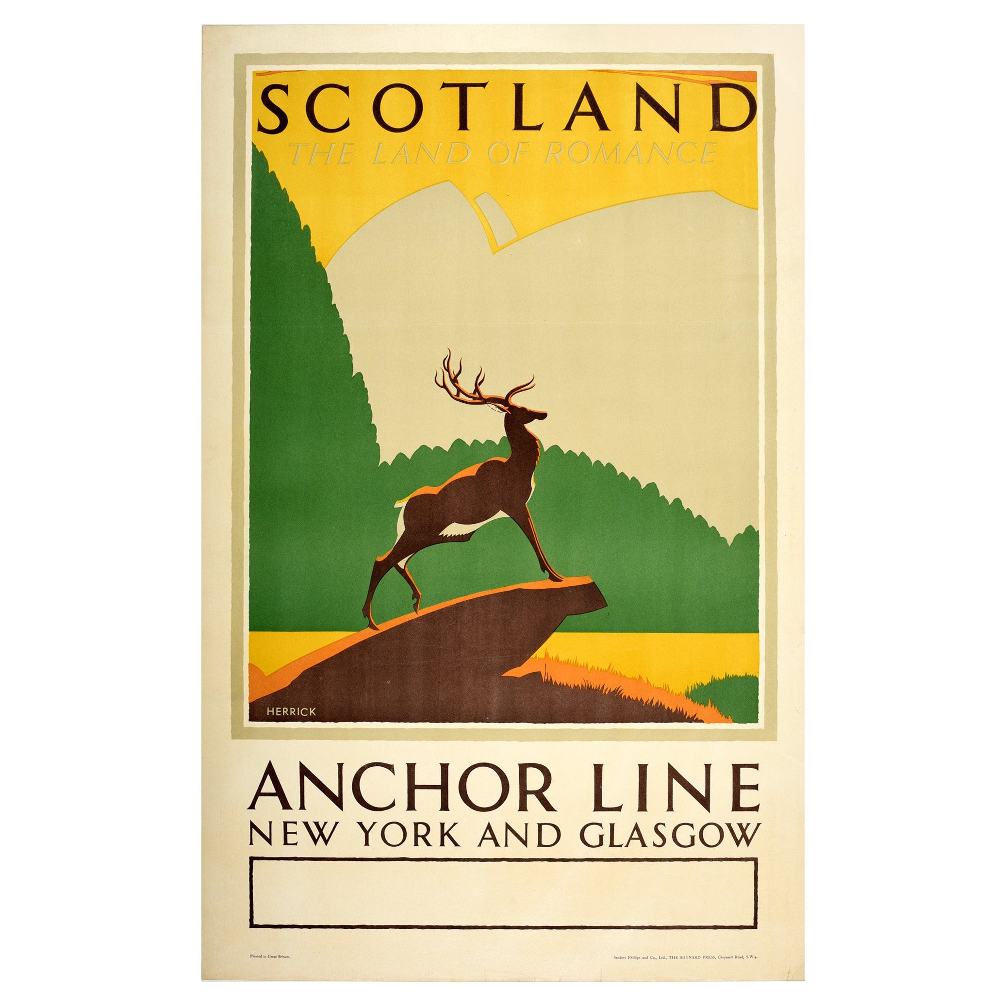 Original-Vintage-Reiseplakat Schottland Anchor Line, New York, Glasgow, Hirsch-Design