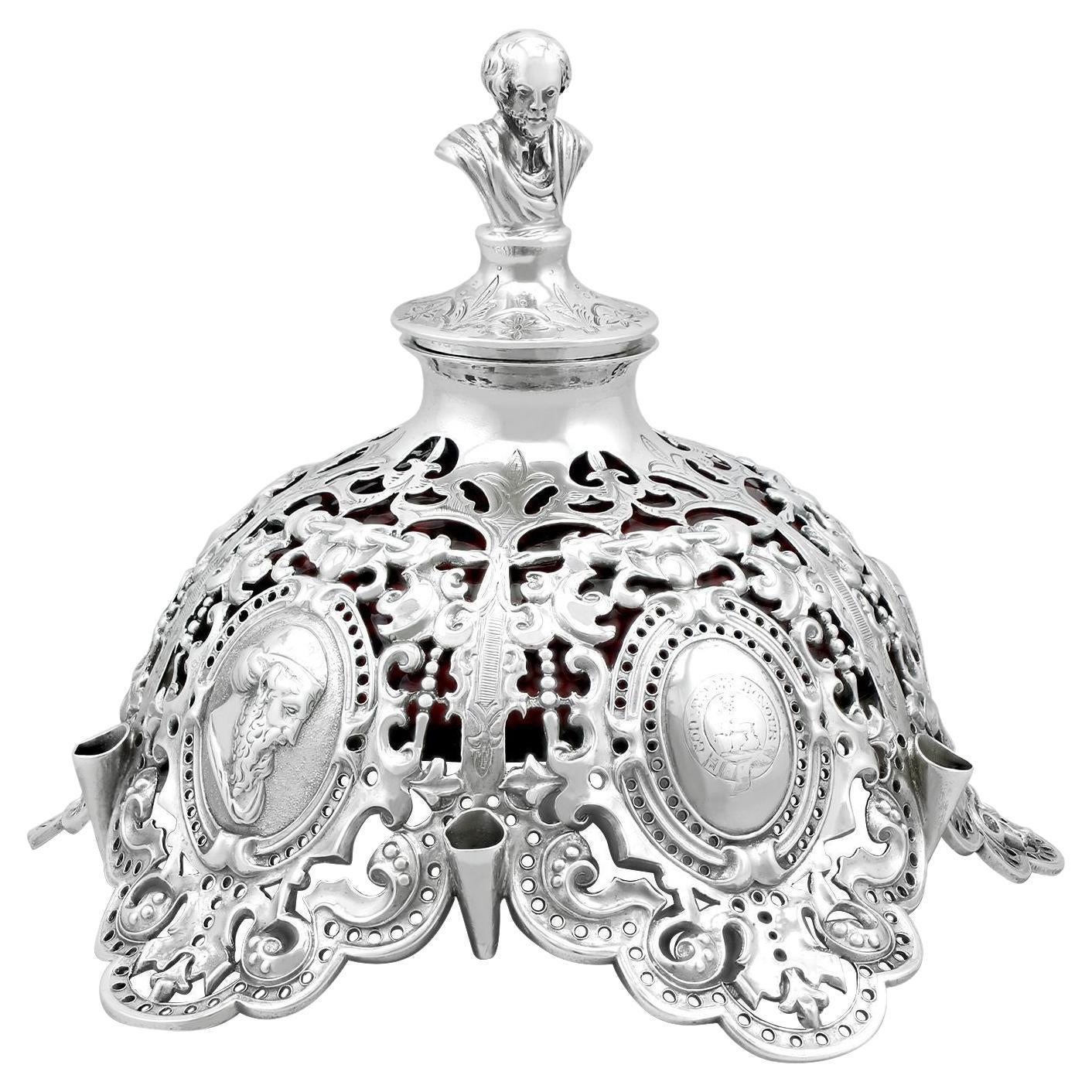 Antique Victorian Sterling Silver and Cranberry Glass Inkwell