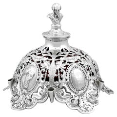 Tintero Victoriano Antiguo de Plata de Ley y Vidrio Arándano