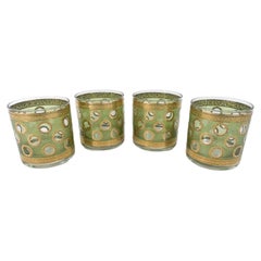 Mid-Century Modern Rocks Glasses with Translucent Green Enamel and 22k Gold