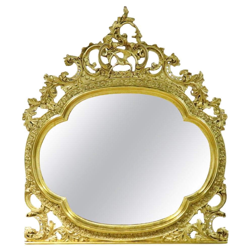 Monumental Gilded French Louis XV Carved Mantel Buffet Wall Mirror  For Sale