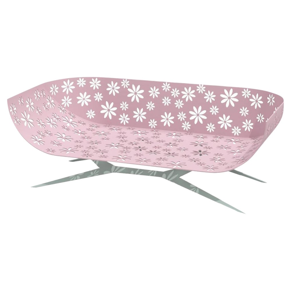 Modernes rosa & grünes Zweisitzer-Sofa für den Außenbereich Gebogene Rückenlehne mit ausgeschnittenen Blumen