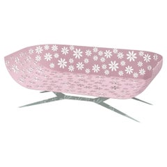 Pink and Green Outdoor Two-Seater Sofa with Curved Back and Cutted Flowers