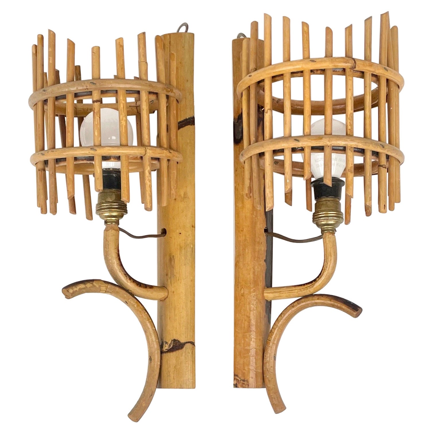 Pair of Sconces Lantern Rattan & Bamboo Attributed to Louis Sognot, France 1960s