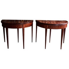 Pair of 19th Century Marquetry Hepplewhite Demilunes in Mahogany and Satinwood