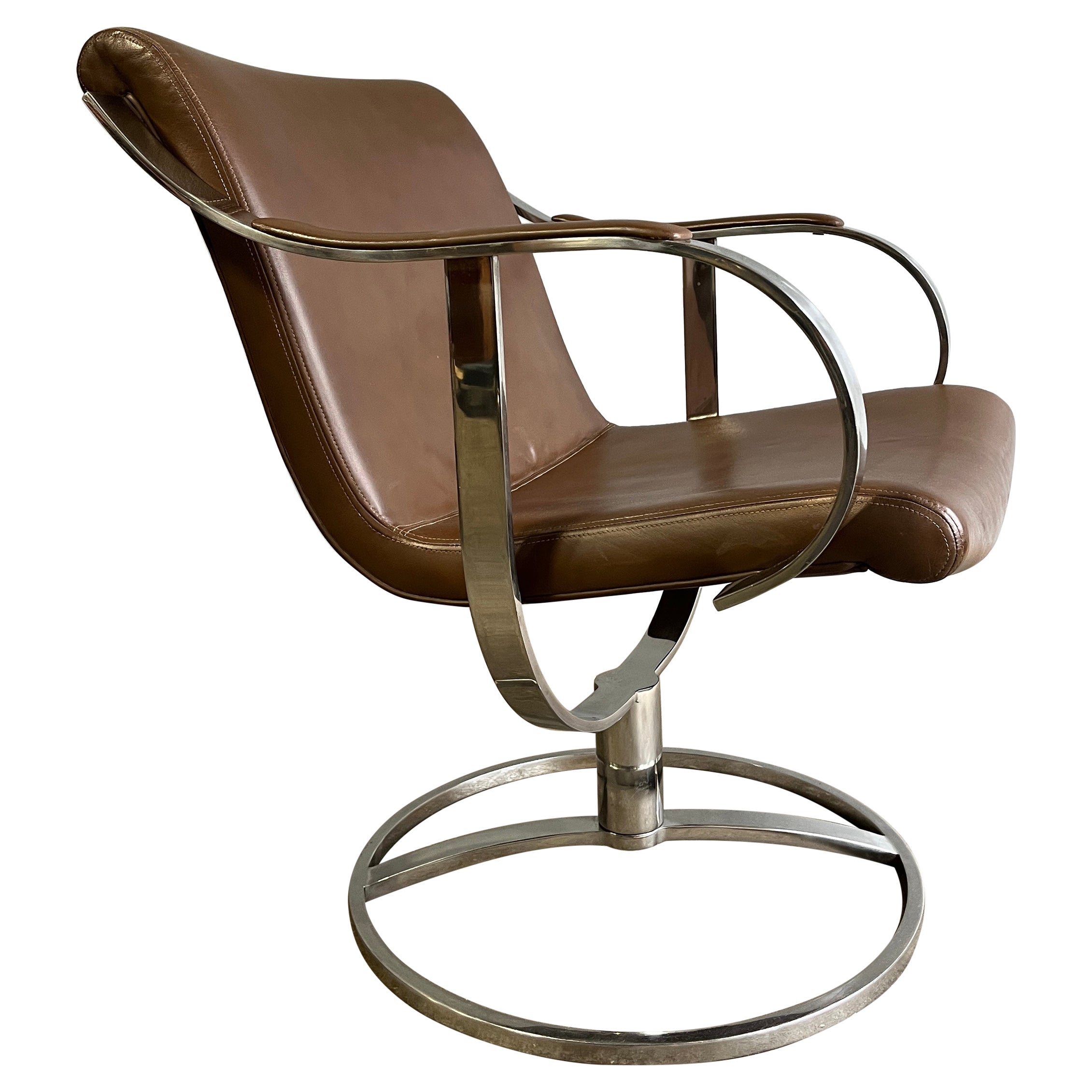 Midcentury Leather and Chrome Swivel Chair For Sale
