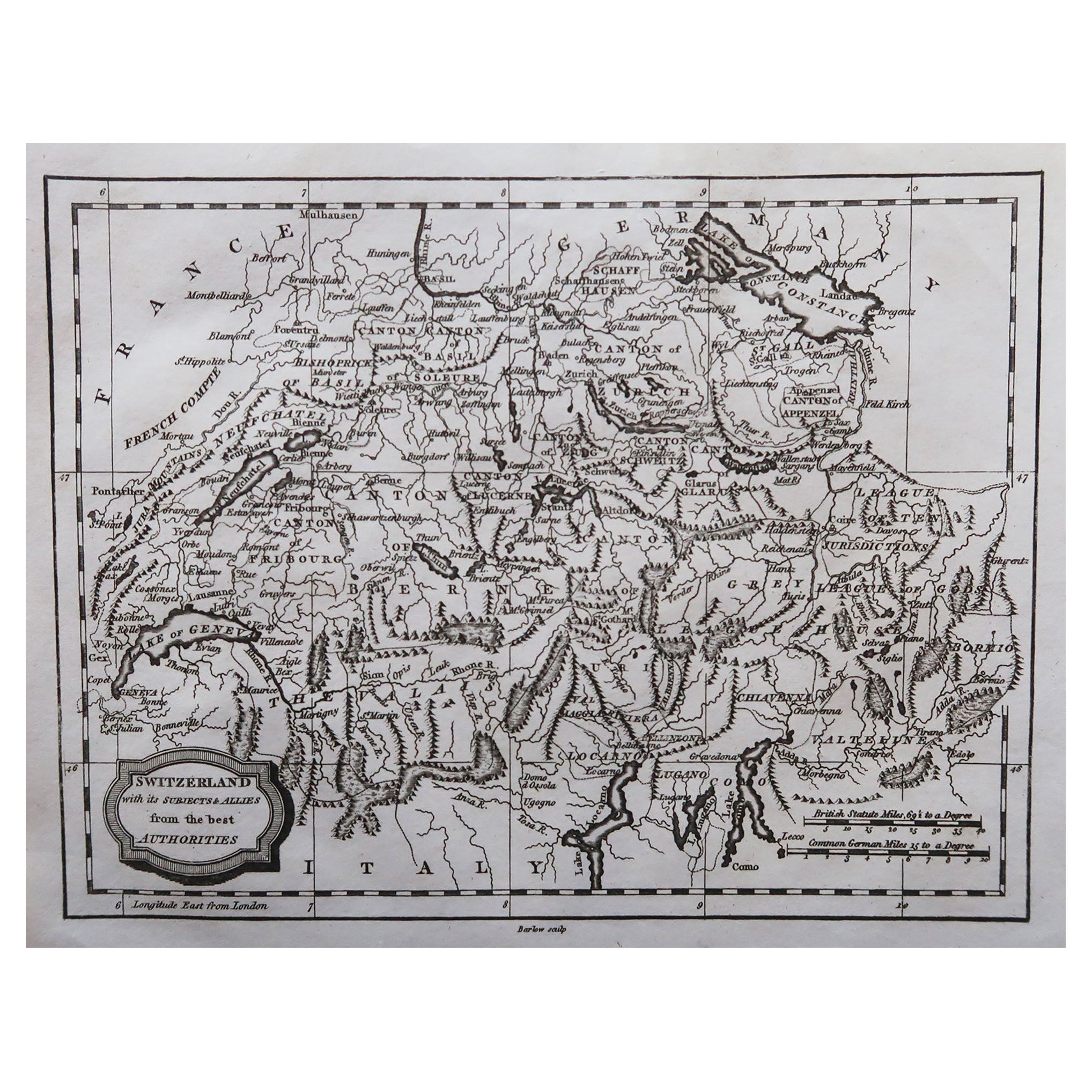 Originale antike Karte der Schweiz, eingraviert von Barlow, datiert 1807