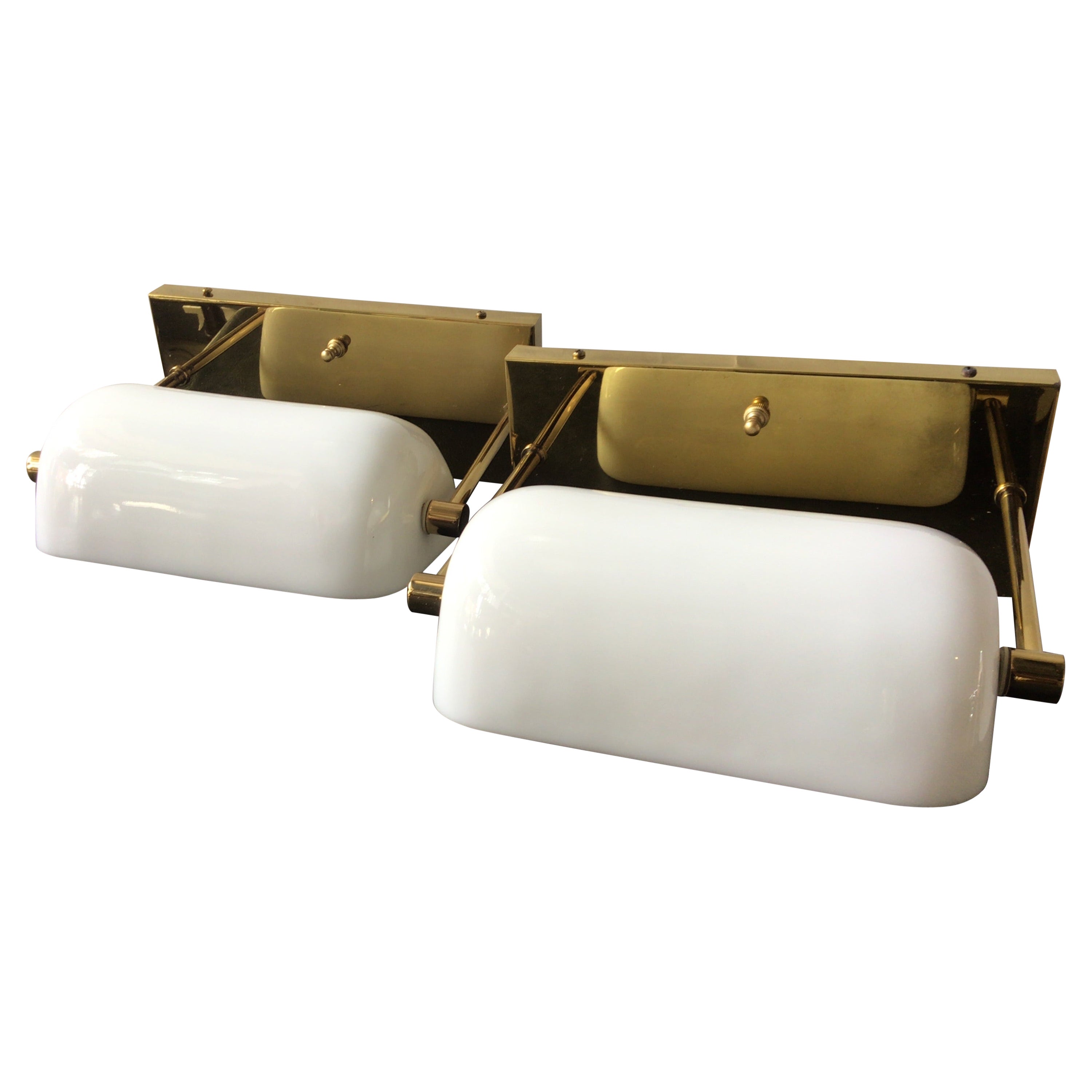 Nessen Brass and Milk Glass 1970s Banker Lamp Sconces