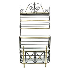 Vintage Country French Bakers Rack Wrought Iron and Brass, Wall Mount Cabinet