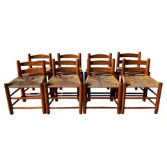 Vintage Walnut Wood & Woven Seats Dining Chairs, Set of 8