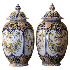 Pair of 19th Century French Hand Painted Faience Ginger Jars Urns from Rouen